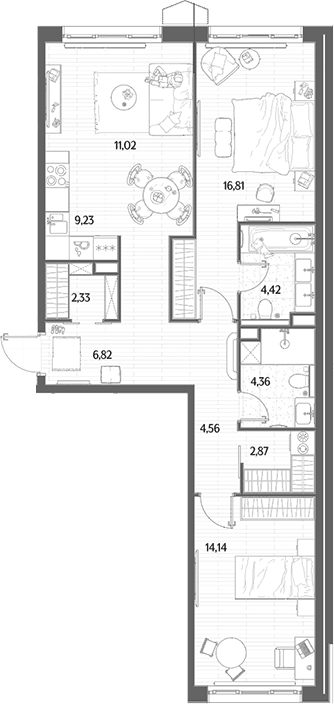Планировка: Евротрёшка 76,6 м² в ЖК «МЫС»