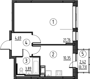 Планировка: 1-комнатная квартира 40,7 м² в ЖК «Новое Колпино»