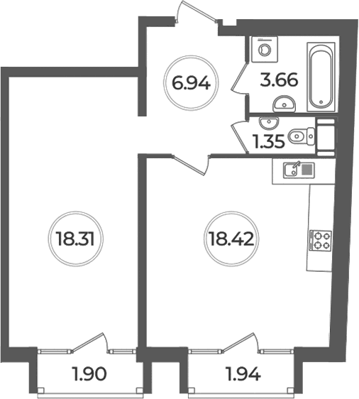 Планировка: Евродвушка 48,7 м² в ЖК «Дуалист»