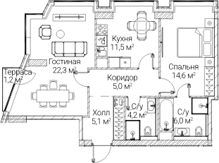 Планировка: 2-комнатная квартира 67,1 м² в ЖК «СЕЗАР БУДУЩЕЕ»