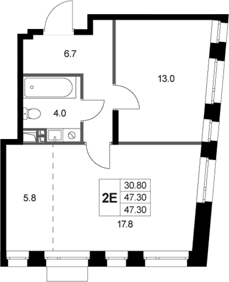 Планировка: Евродвушка 47,3 м² в ЖК «Кореневский Форт 2.3»
