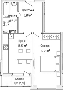 Планировка: 1-комнатная квартира 44,9 м² в ЖК «Рига Хиллс»