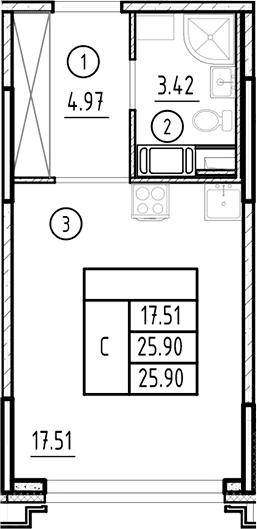 Планировка: Студия 25,9 м² в ЖК «Ассамблея»