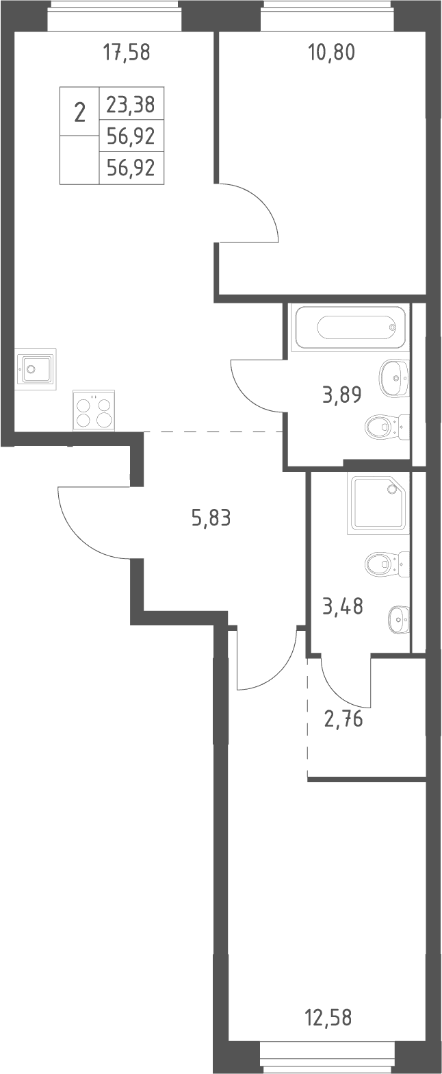 Планировка: Евротрёшка 56,9 м² в ЖК «Большое Юрлово»