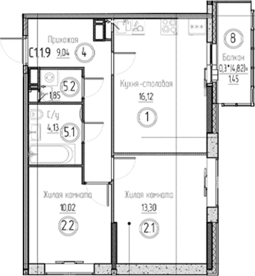 Планировка: Евротрёшка 54,5 м² в ЖК «Аквилон Верба»