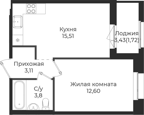 Планировка: Евродвушка 35 м² в ЖК «Новатория»