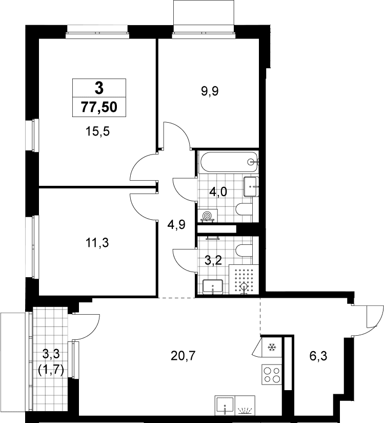 Планировка: Квартира евро-4 75,8 м² в ЖК «Деснаречье»