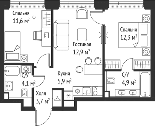 Планировка: Евротрёшка 55,5 м² в ЖК «СЕТ»