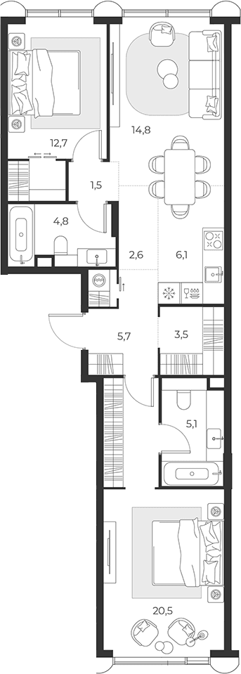 Планировка: Евротрёшка 76,7 м² в ЖК «МАСТЕРС»
