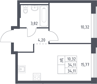 Планировка: Евродвушка 34,1 м² в ЖК «Рублевский квартал»