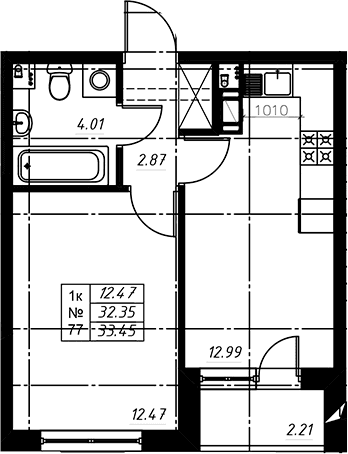 Планировка: 1-комнатная квартира 32,5 м² в ЖК «Огоньки»