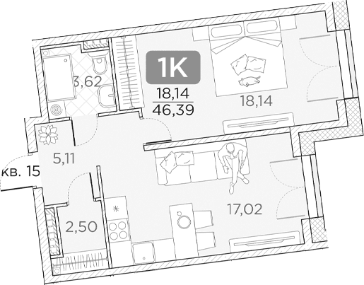 Планировка: 1-комнатная квартира 46,4 м² в ЖК «Гильдия»