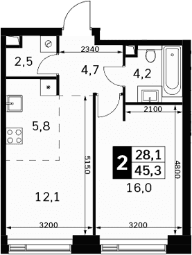 Планировка: Евродвушка 45,3 м² в ЖК «Амбер Сити»