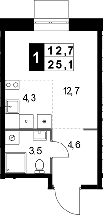 Планировка: Студия 25,1 м² в ЖК «1-й Измайловский»