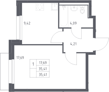 Планировка: 1-комнатная квартира 35,4 м² в ЖК «Прибрежный Парк»