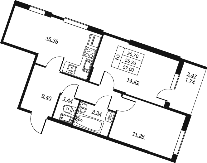 Планировка: Евротрёшка 55,3 м² в ЖК «Высота. Всеволожск»