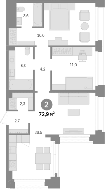 Планировка: 2-комнатная квартира 72,9 м² в ЖК «Квартал Издание»