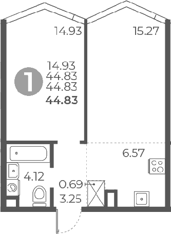 Планировка: 1-комнатная квартира 44,8 м² в ЖК «Мневники от Гранель»