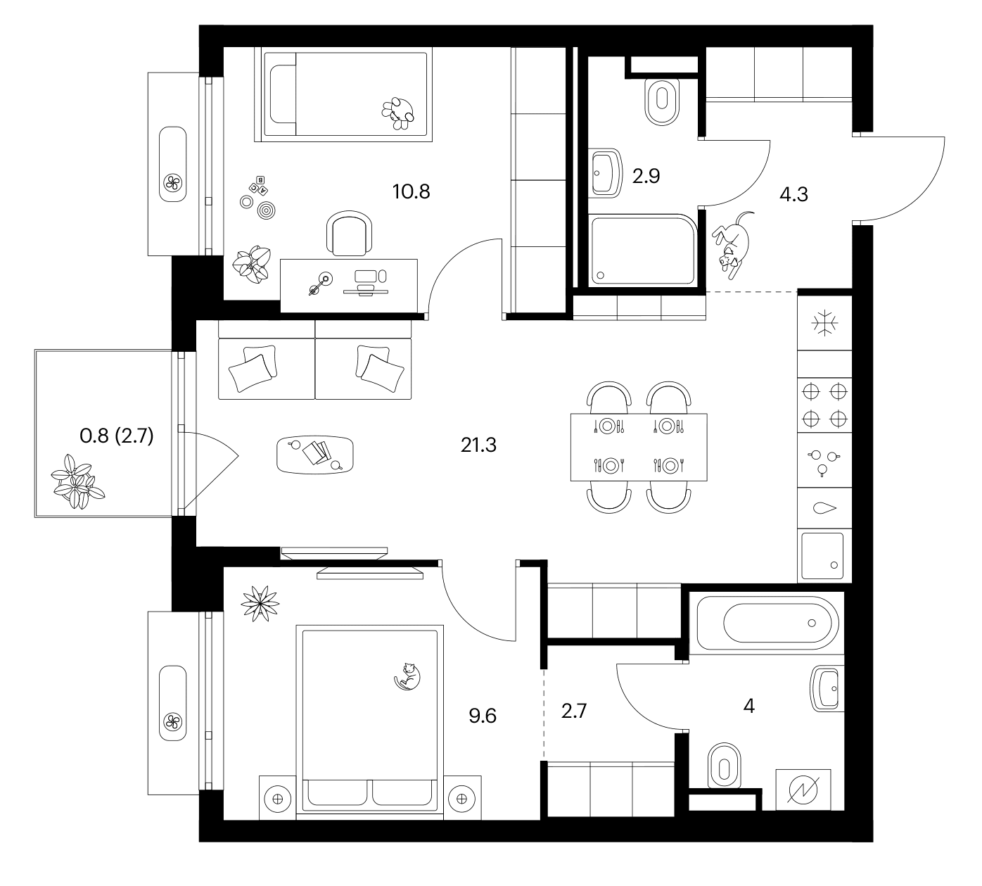 Планировка: 2-комнатная квартира 55,6 м² в ЖК «Зеленый парк»