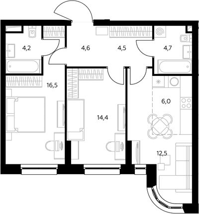 Планировка: Евротрёшка 68,2 м² в ЖК «Адмирал»