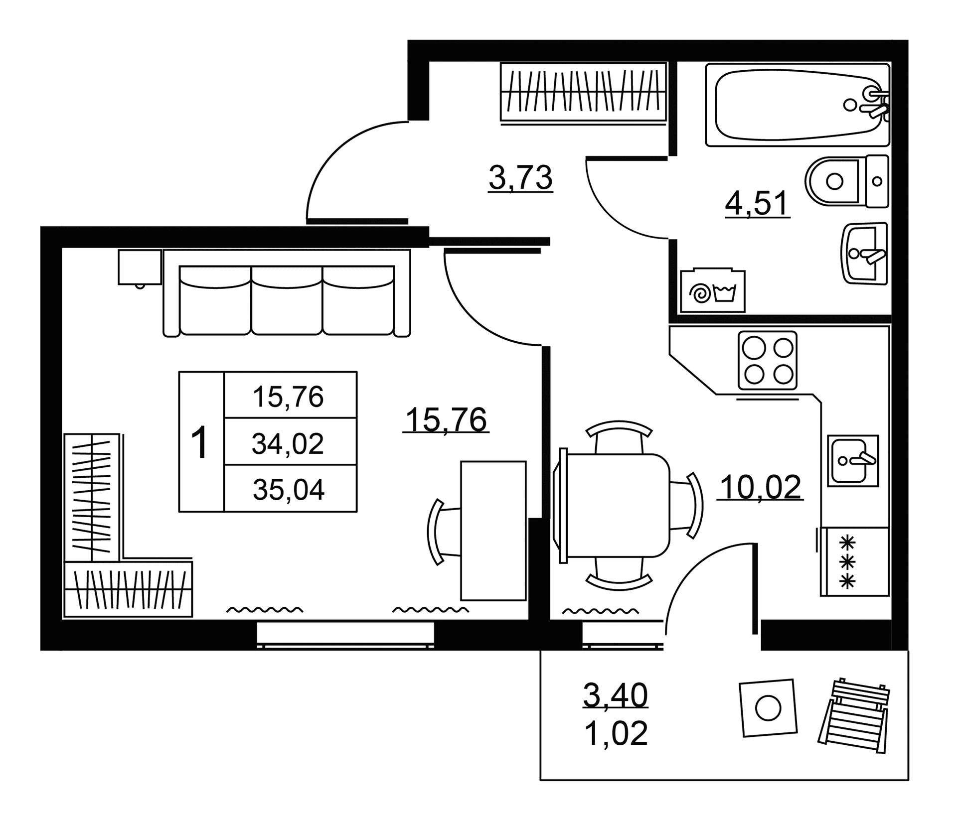 Планировка: 1-комнатная квартира 34 м² в ЖК «Пулковское, 34»