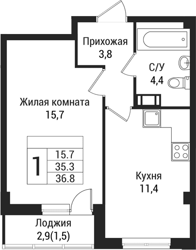 Планировка: 1-комнатная квартира 35,3 м² в ЖК «Южная Заря»