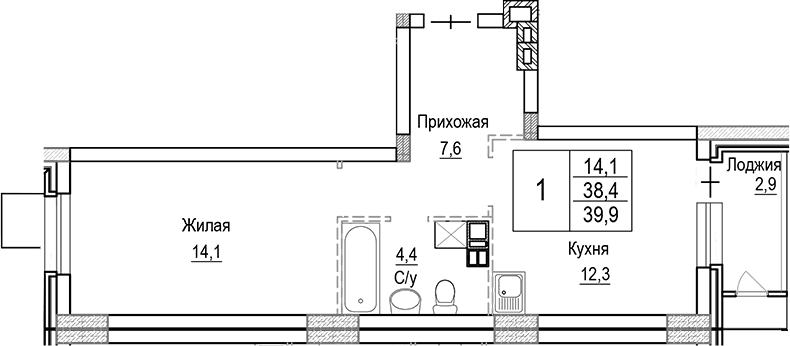 Планировка: 1-комнатная квартира 38,4 м² в ЖК «Лесная Отрада»