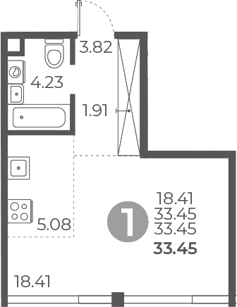 Планировка: Студия 33,5 м² в ЖК «Мневники от Гранель»
