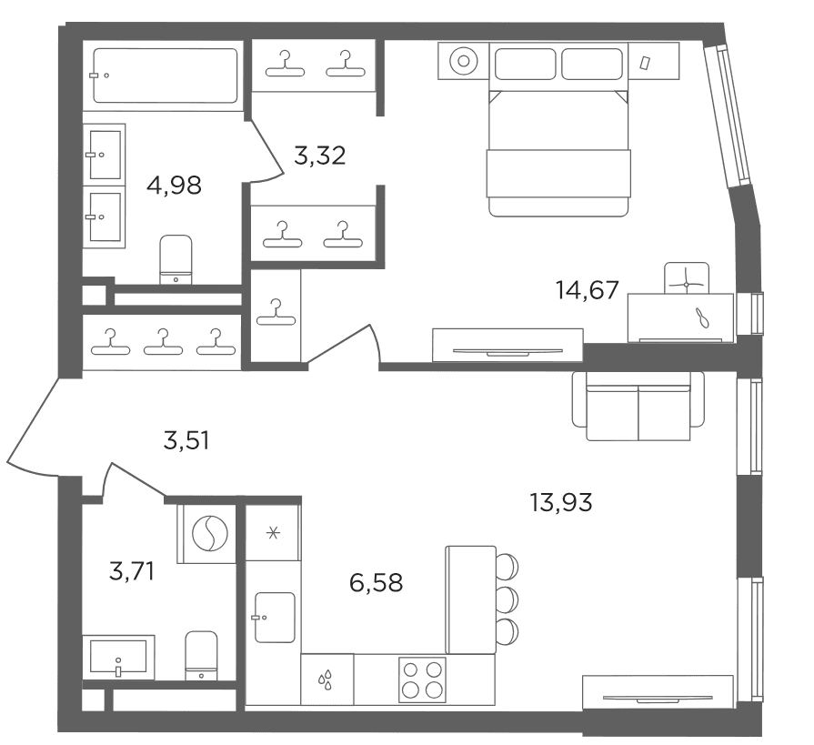 Планировка: Евродвушка 50,7 м² в ЖК «Сикрет Гарден»