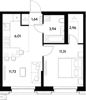 Планировка: Евродвушка 37,6 м² в ЖК «ЭВО»