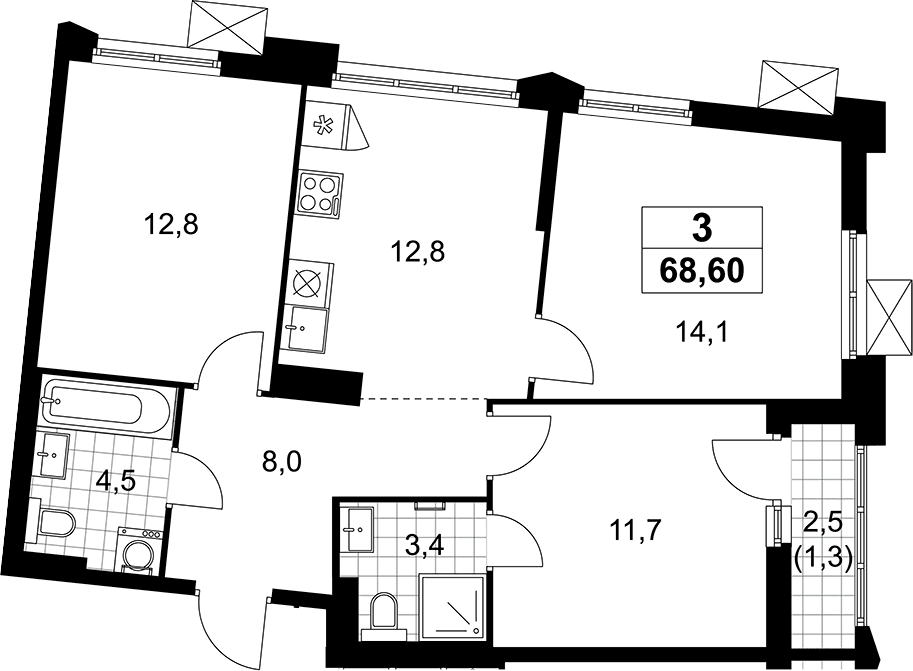 Планировка: 3-комнатная квартира 67,3 м² в ЖК «Деснаречье»