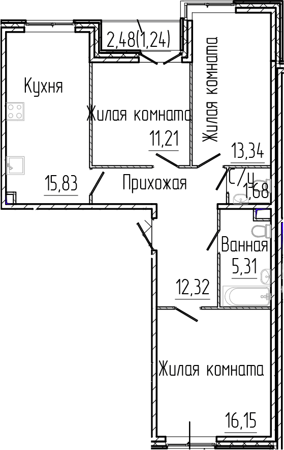 Планировка: Квартира евро-4 75,8 м² в ЖК «Сертолово Парк»