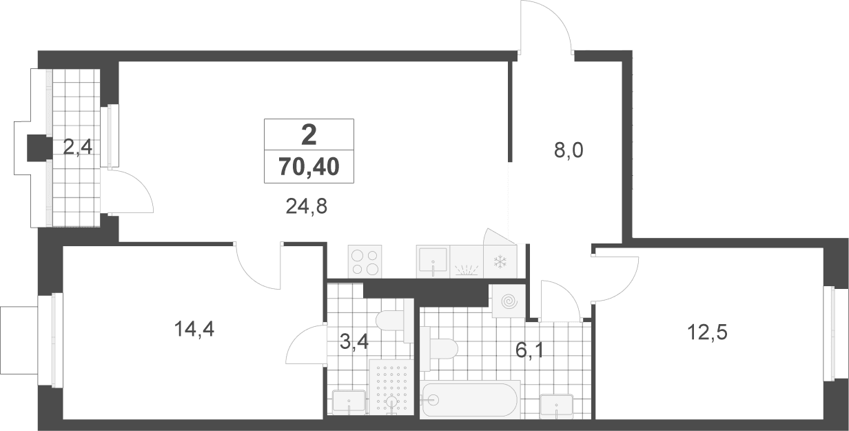 Планировка: Евротрёшка 69,2 м² в ЖК «Деснаречье»