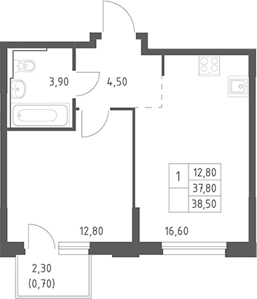 Планировка: Евродвушка 37,8 м² в ЖК «Химки Парк»