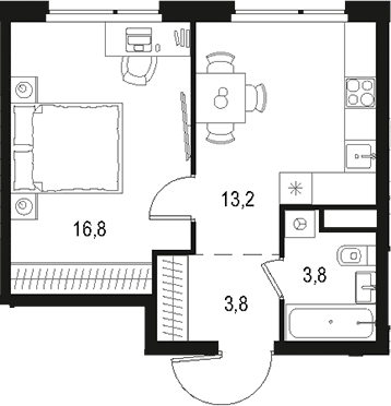 Планировка: 1-комнатная квартира 37,6 м² в ЖК «Левел Лесной»