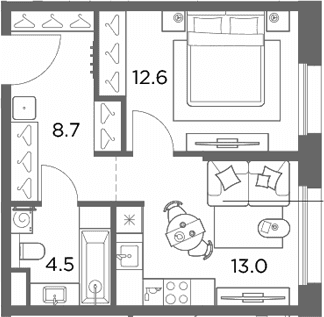 Планировка: 1-комнатная квартира 38,8 м² в ЖК «Станиславский»