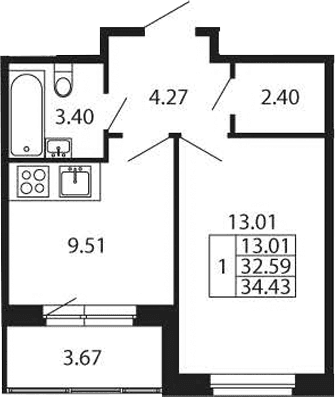 Планировка: 1-комнатная квартира 32,6 м² в ЖК «Полис Новоселье»