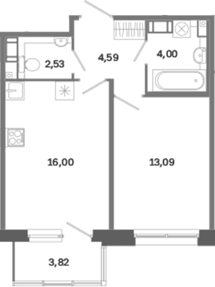 Планировка: Евродвушка 40,2 м² в ЖК «Дом на Курской»