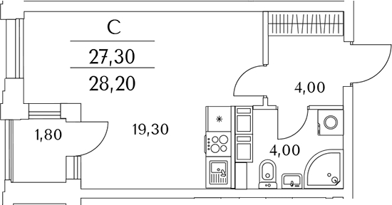 Планировка: Студия 27,3 м² в ЖК «Тайм Сквер»