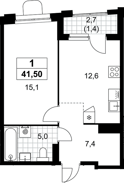 Планировка: 1-комнатная квартира 40,1 м² в ЖК «Прокшино»