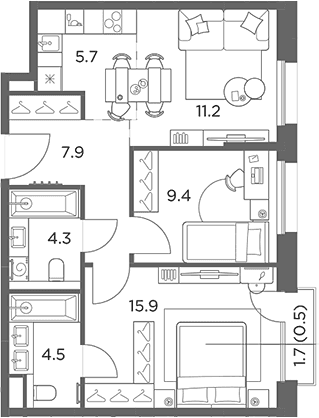 Планировка: Евротрёшка 58,9 м² в ЖК «Станиславский»