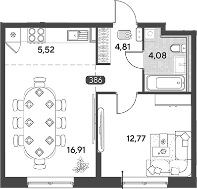 Планировка: Евродвушка 44,1 м² в ЖК «Космопарк»