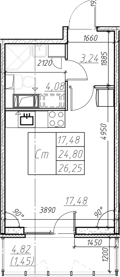 Планировка: Студия 24,8 м² в ЖК «Левитан»