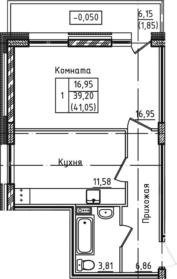 Планировка: 1-комнатная квартира 39,2 м² в ЖК «Зеленый город»
