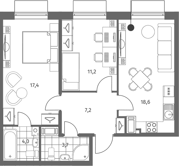 Планировка: Евротрёшка 62,1 м² в ЖК «Парусная 1»