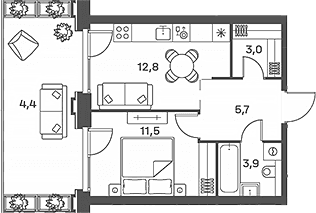 Планировка: Евродвушка 36,9 м² в ЖК «Портленд»