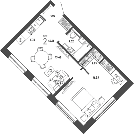Планировка: Евродвушка 45,9 м² в ЖК «Страна.Парковая»