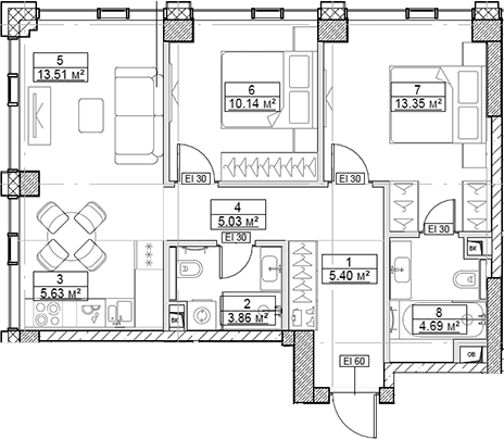 Планировка: Евротрёшка 61,6 м² в ЖК «Сити Бэй»