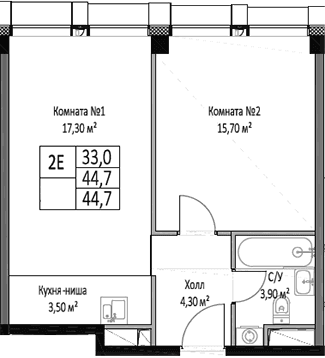 Планировка: Евродвушка 44,7 м² в ЖК «ЭМОУШН»