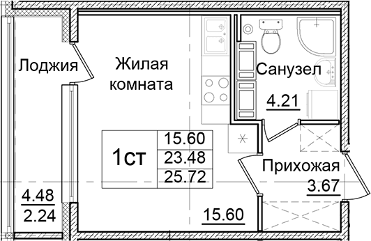 Планировка: Студия 23,5 м² в ЖК «Квартал Заречье»